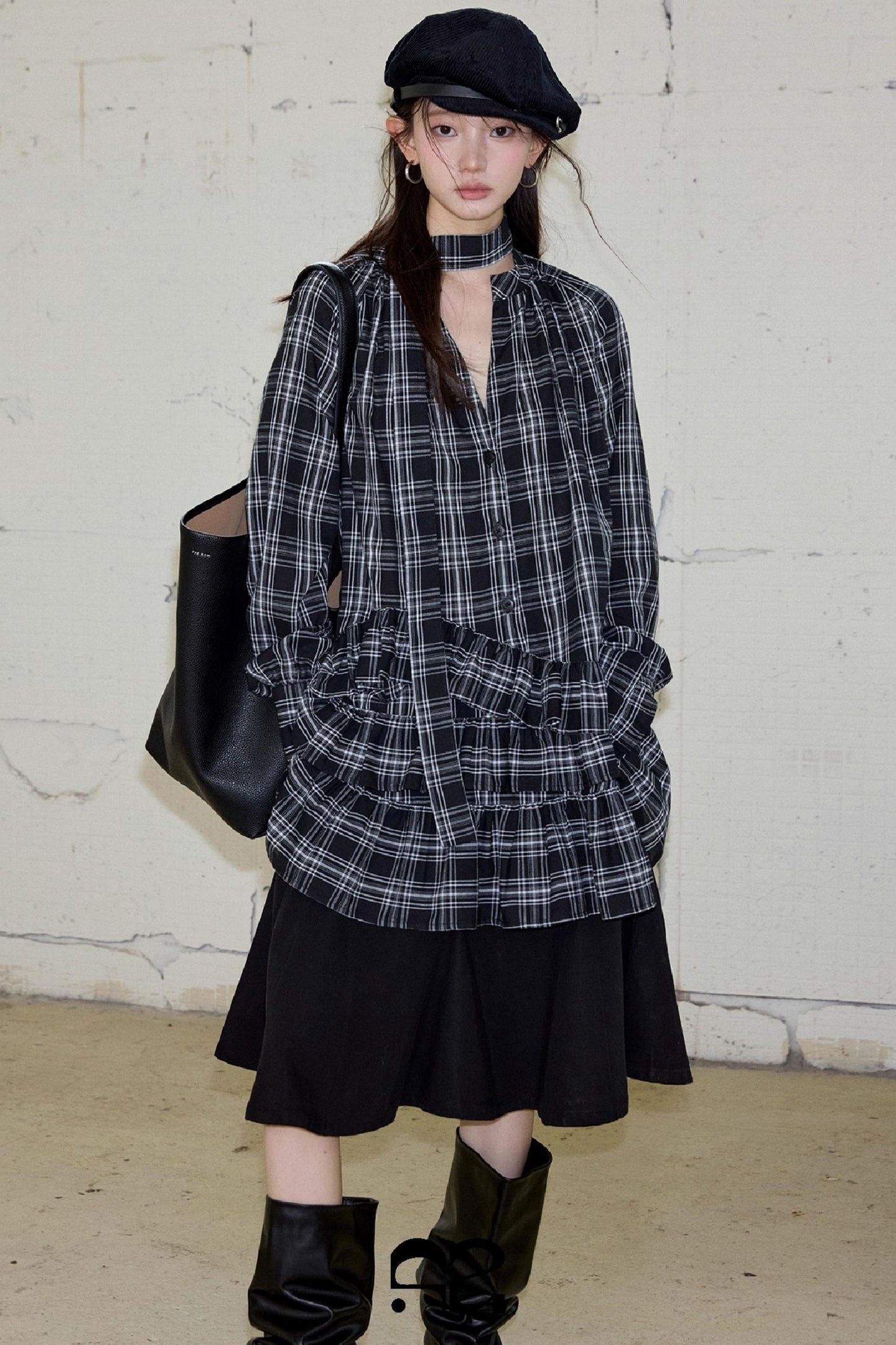 Plaid Ruffle Long Sleeve Shirt Dress