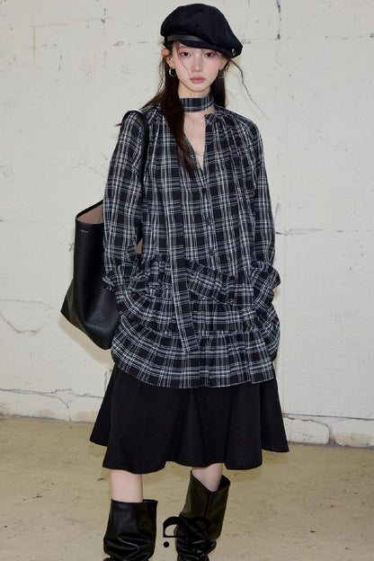 Plaid Ruffle Long Sleeve Shirt Dress