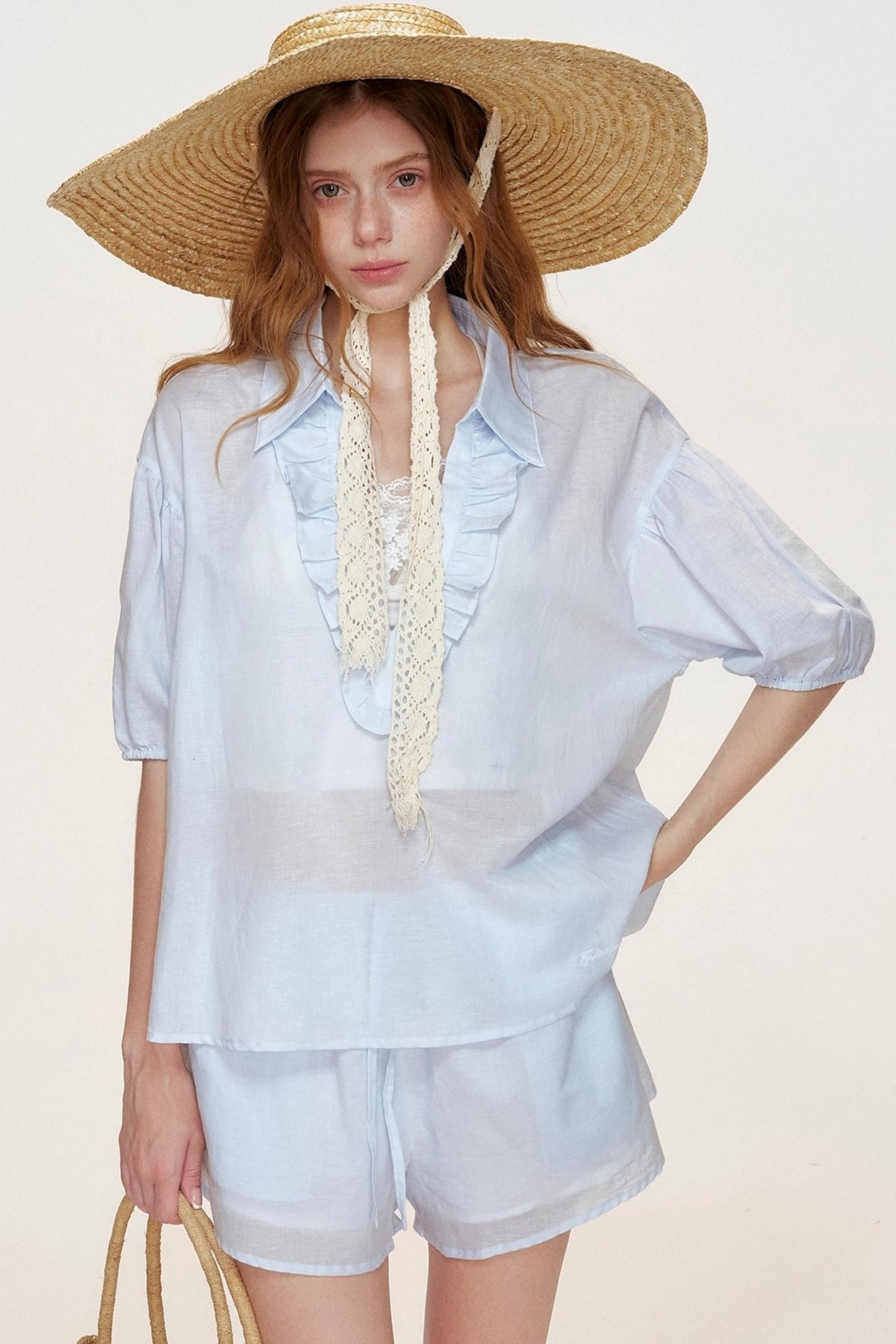 Blue Ocean Linen Cotton V-Neck Stitched Shorts Set-Up