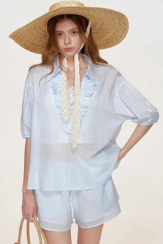 Blue Ocean Linen Cotton V-Neck Stitched Shorts Set-Up