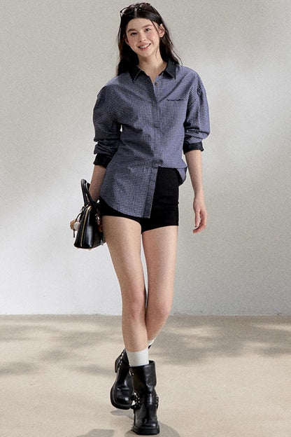 Navy Blue PU Leather Plaid Shirt