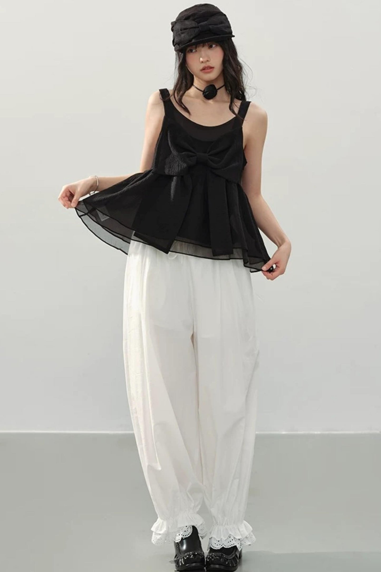 Black Organza Bowknot Blouse Set