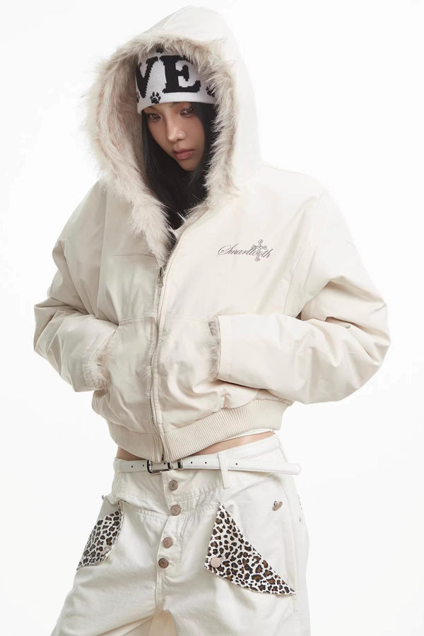 White Fleece-Lined Hooded Jacket
