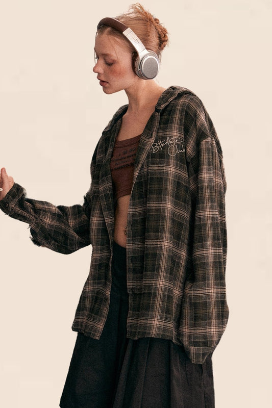 EZEK American Vintage Plaid Hooded Shirt Women's Fall/Winter 2024 New Loose Slouchy Shirt Jacket