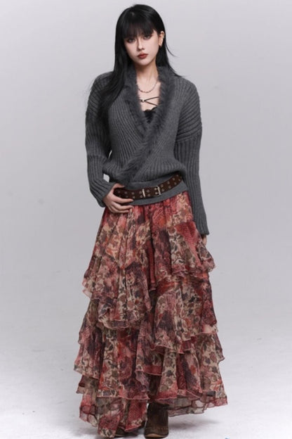 Red Floral Tiered Skirt