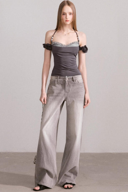 Vintage Lace-Waist Wide-Leg Jeans