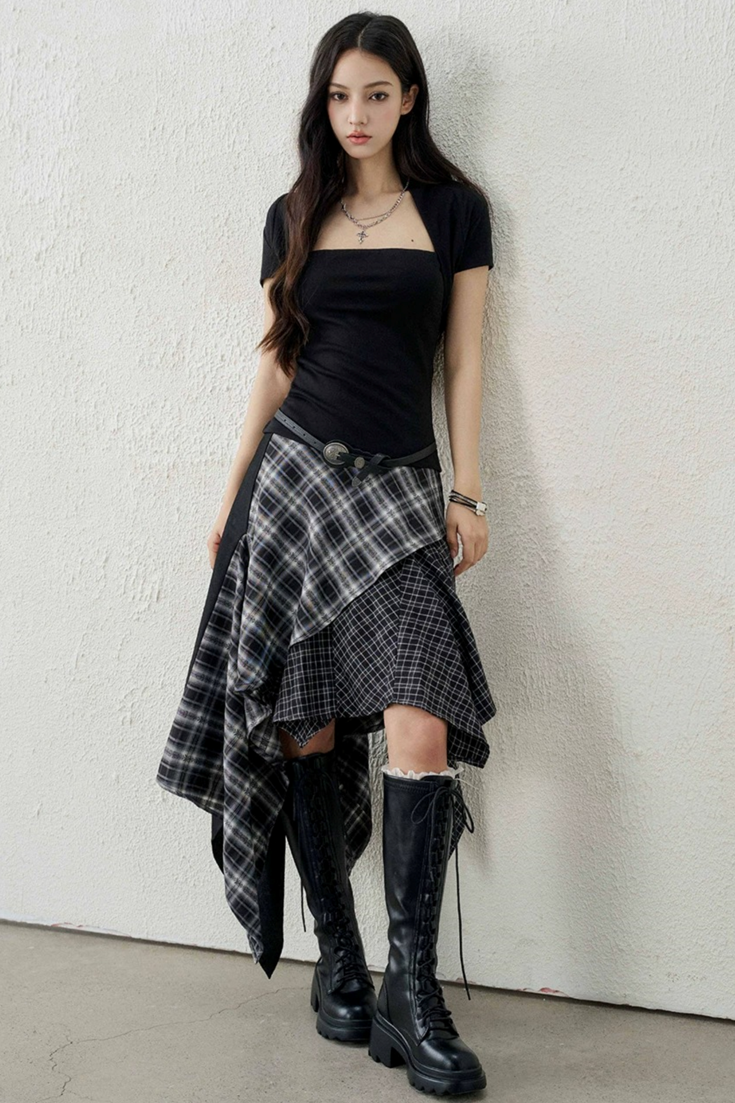 Irregular Hem Plaid Skirt Set