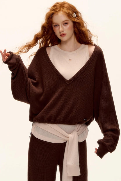 Waffle Knit V-Neck Sweater Set-Up