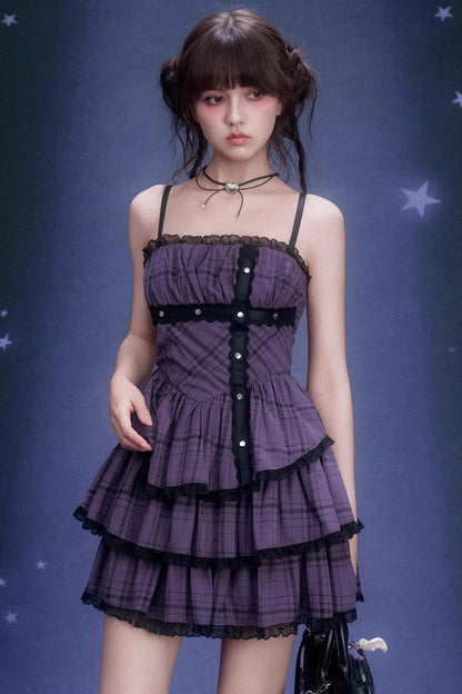 Grape Purple Plaid Strapless Dress Set