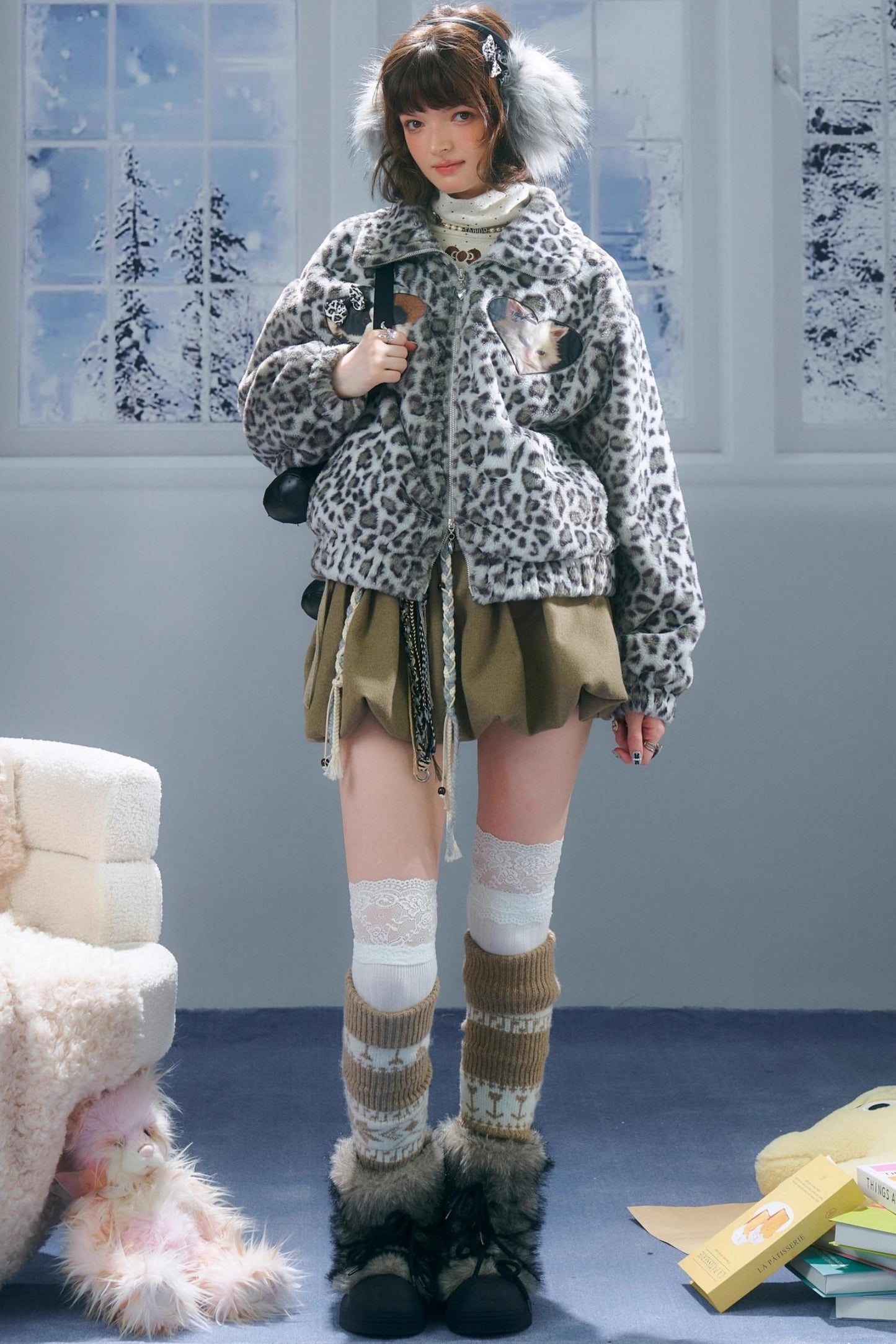 Winter Cat Print Fluffy Coat