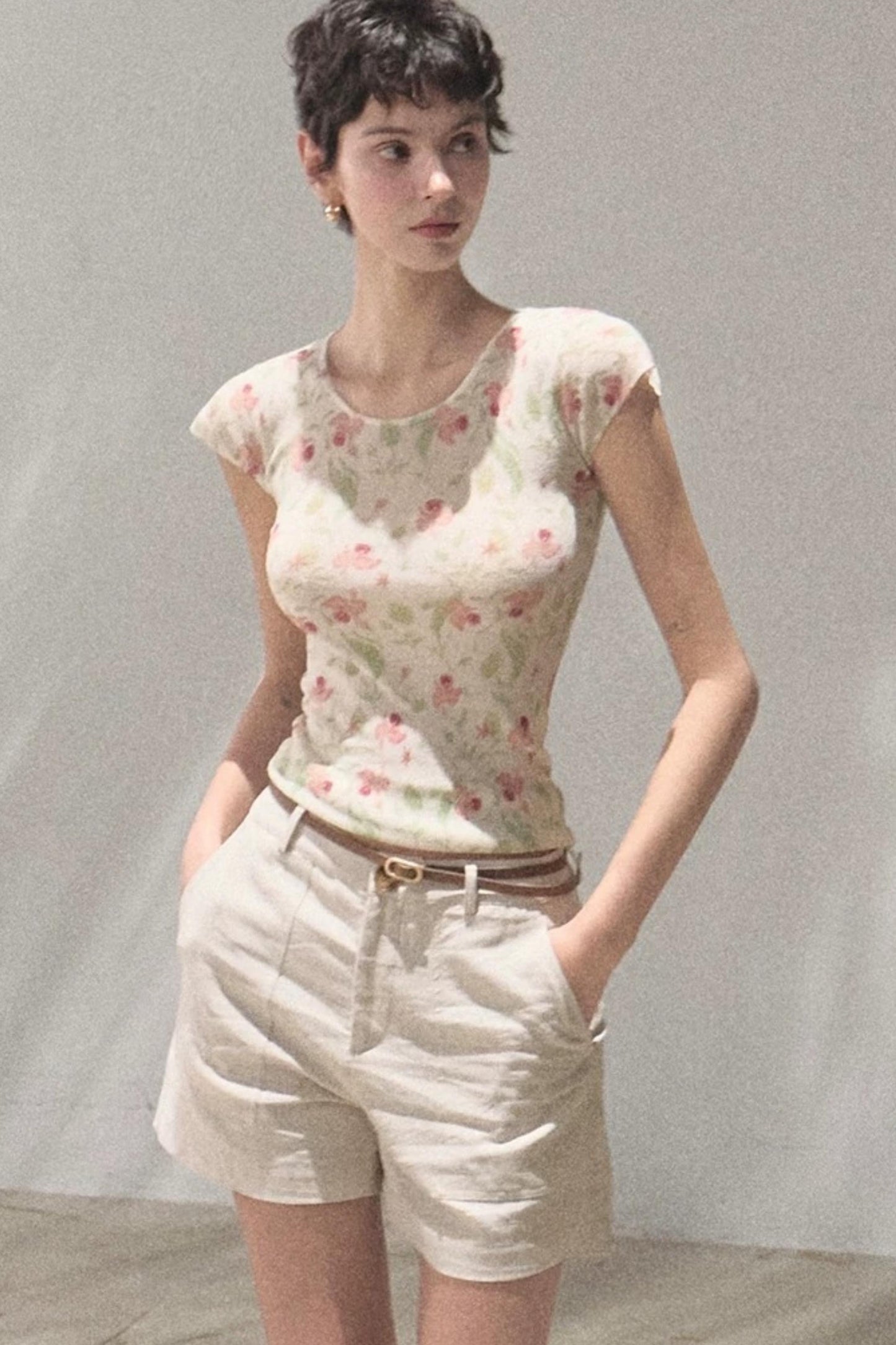 Linen Floral Cinched Top