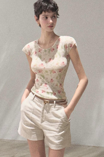 Linen Floral Cinched Top