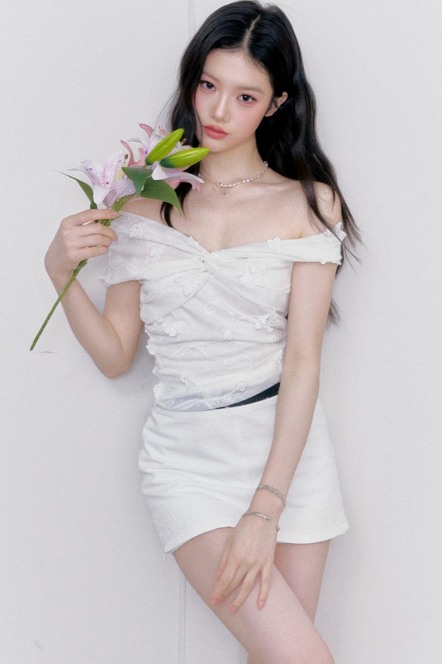 달빛 자카드 원숄더 상의 셋업