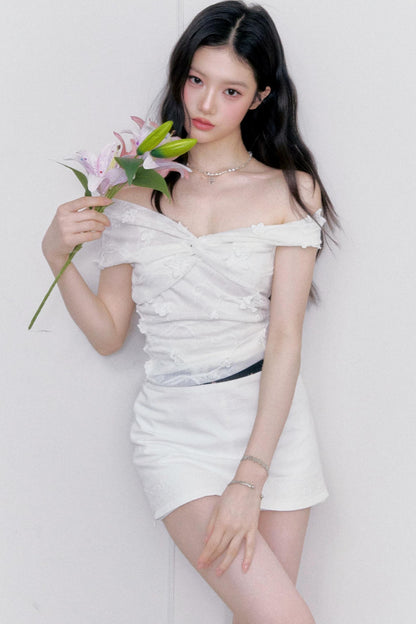 달빛 자카드 원숄더 상의 셋업
