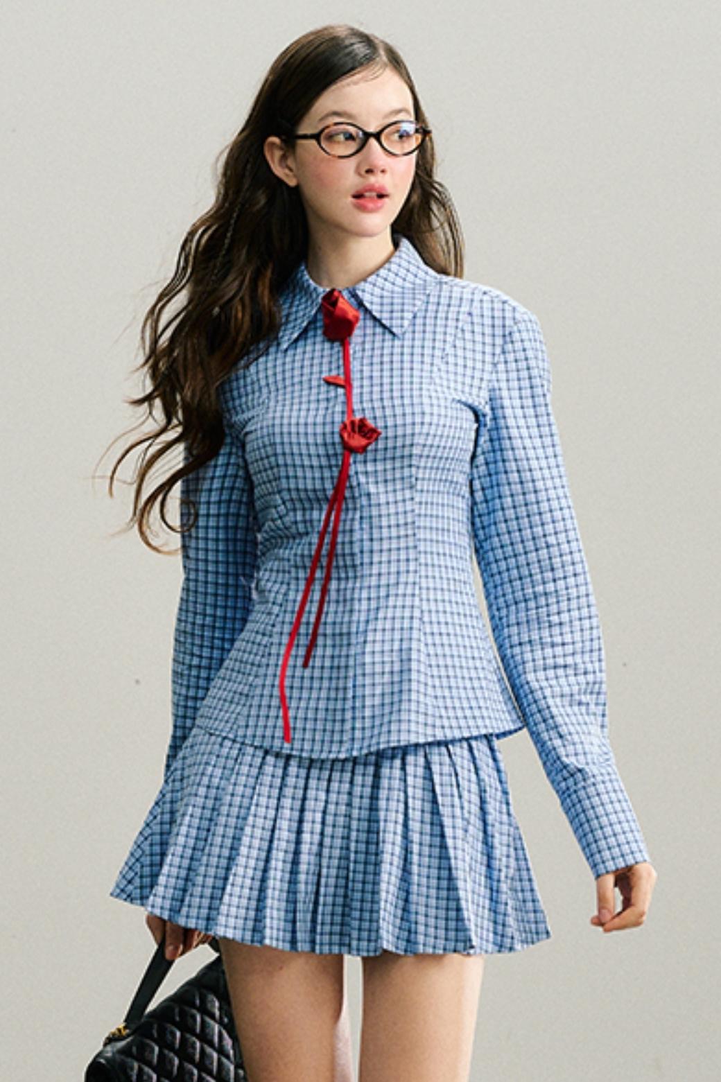 Long live the Milky Way [8.20 20:00] "She came from the sea" handmade red rose navy blue plaid shirt pleated skirt