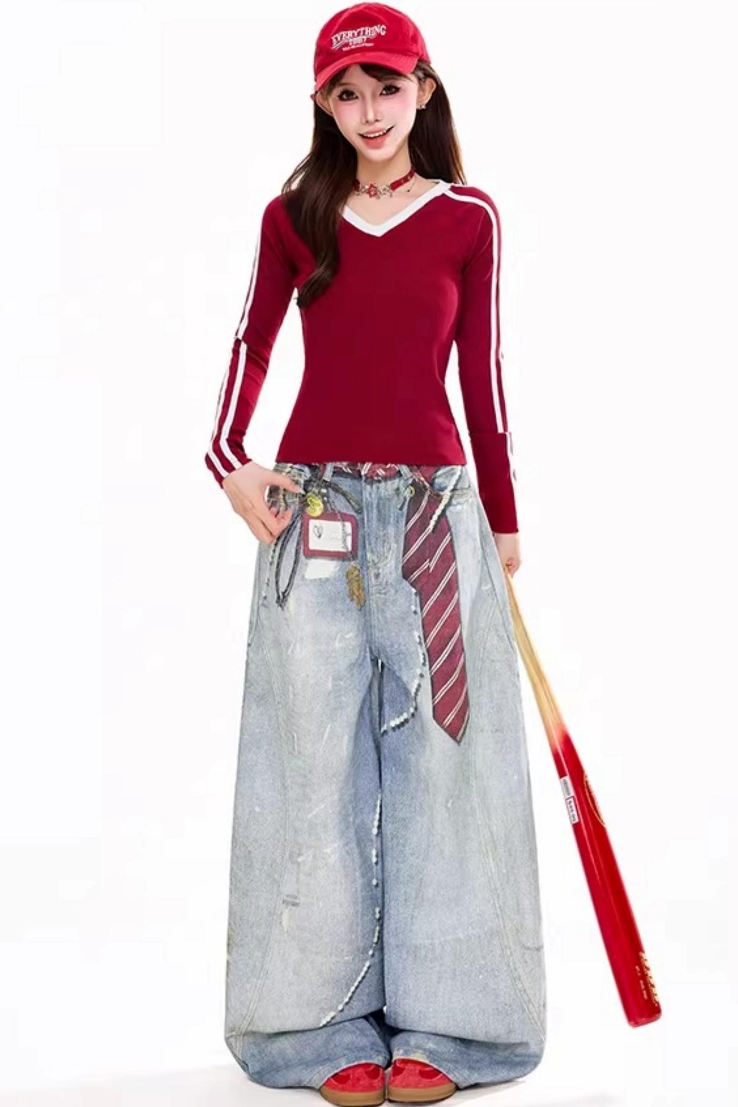 레트로 레드 V넥 탑