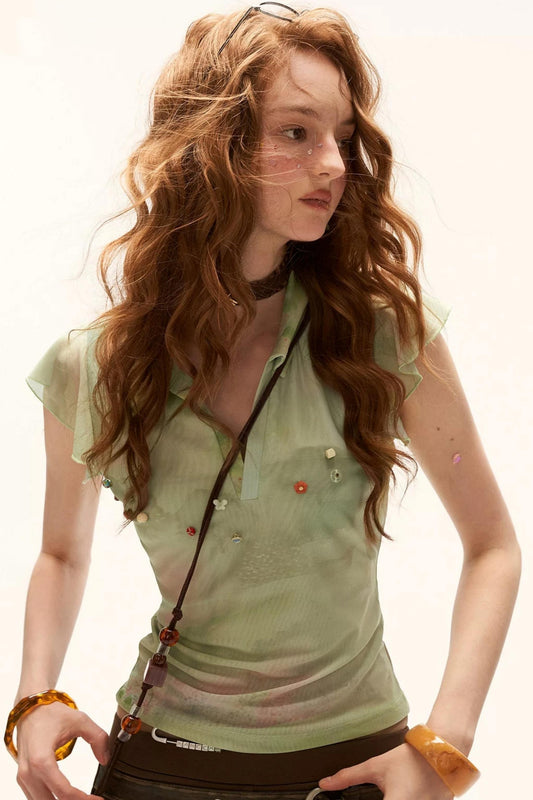 French Retro Beaded Polo Top
