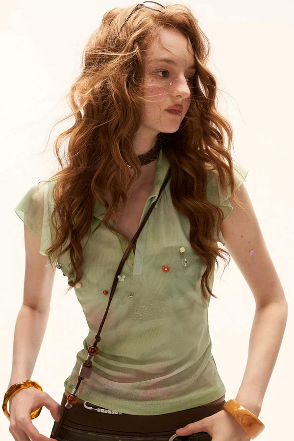 French Retro Beaded Polo Top