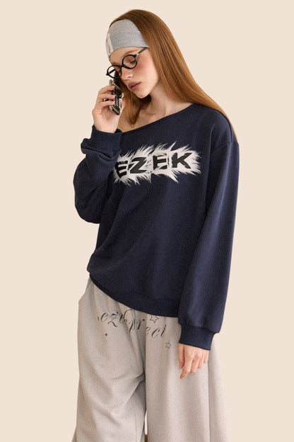 Retro Navy Slanted Shoulder Sweatshirt