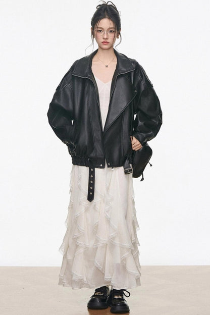 High-End Leather Jacket With Shorts Set-Up