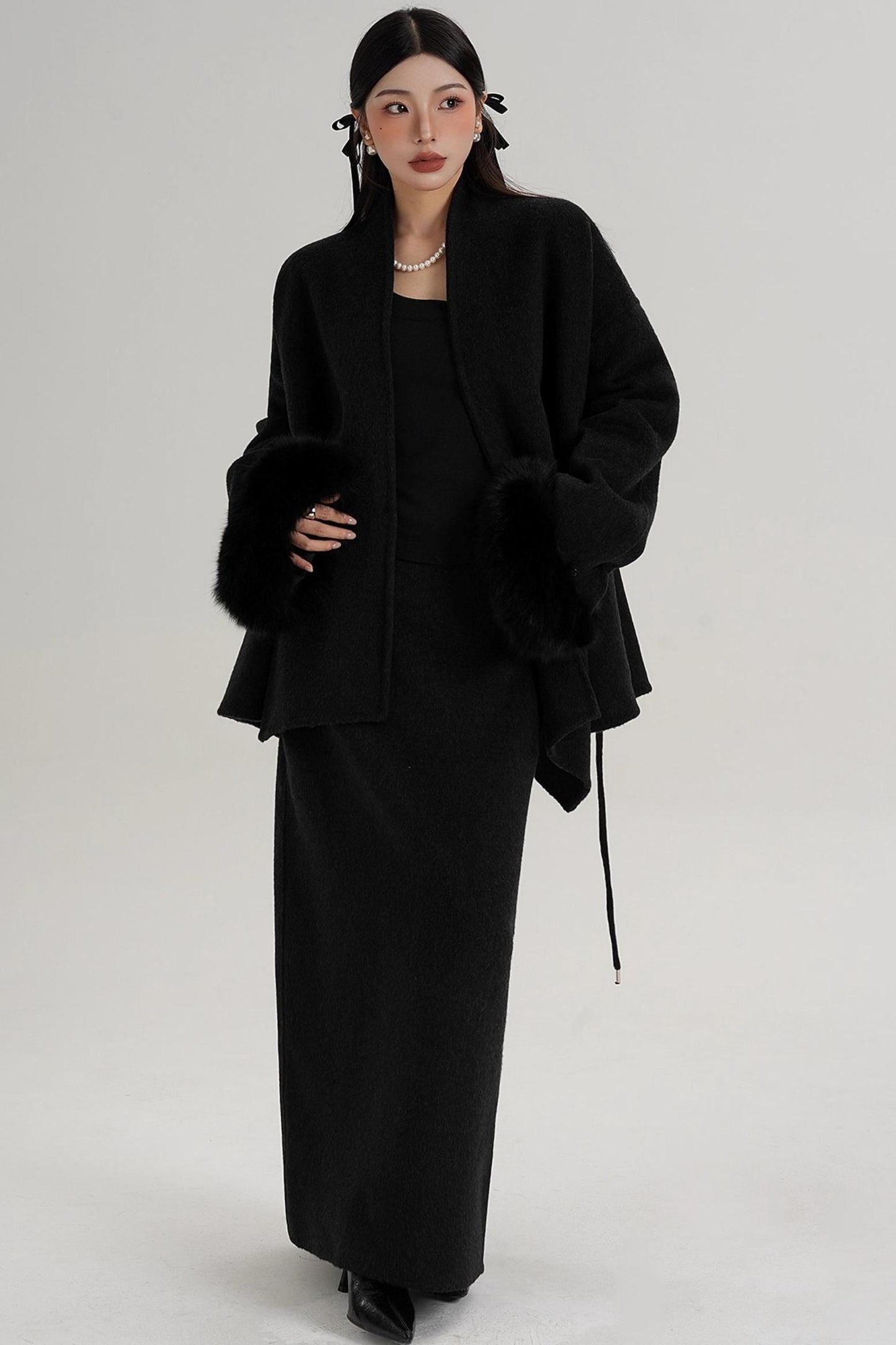 Elegant Fox Fur Sleeve Wool Coat