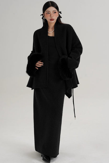 Elegant Fox Fur Sleeve Wool Coat