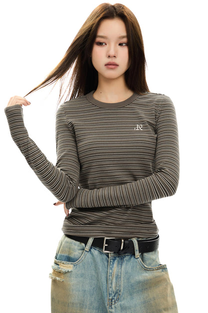 Brushed Crewneck Striped Long-Sleeve Top