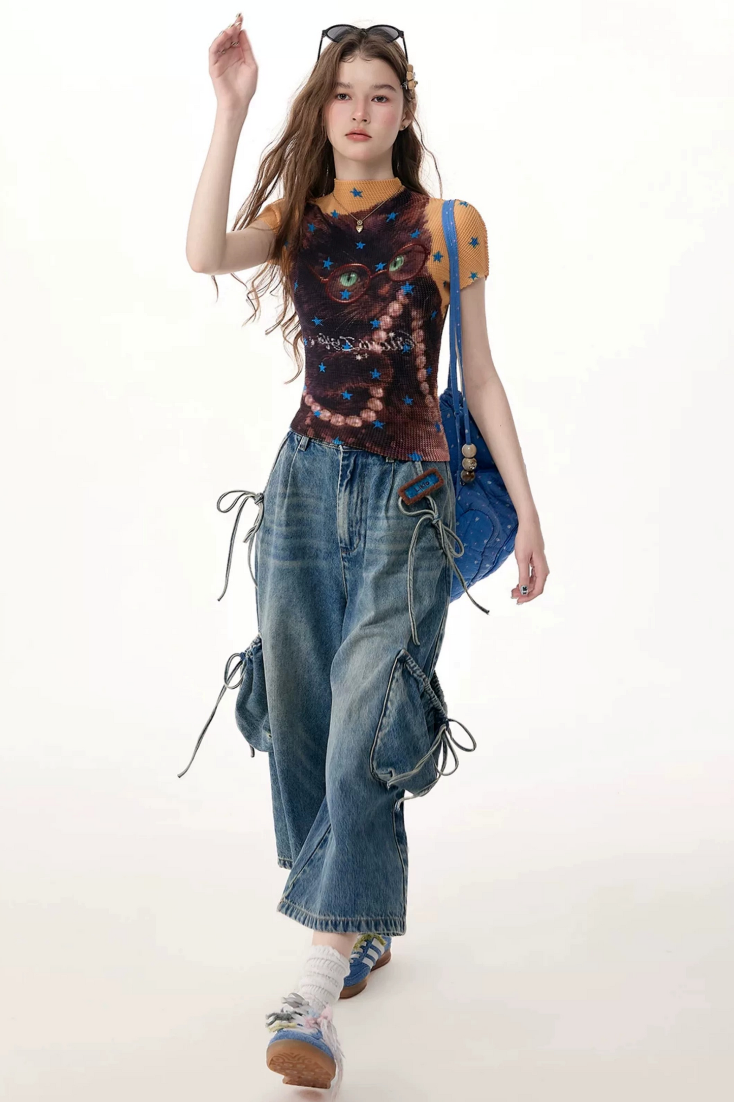 Yellow Star Cat Print Short Sleeve Top