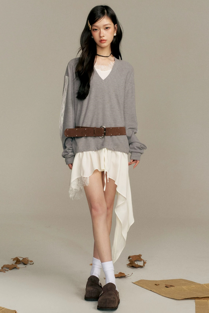 Asymmetric Hem V-Neck Sweatshirt