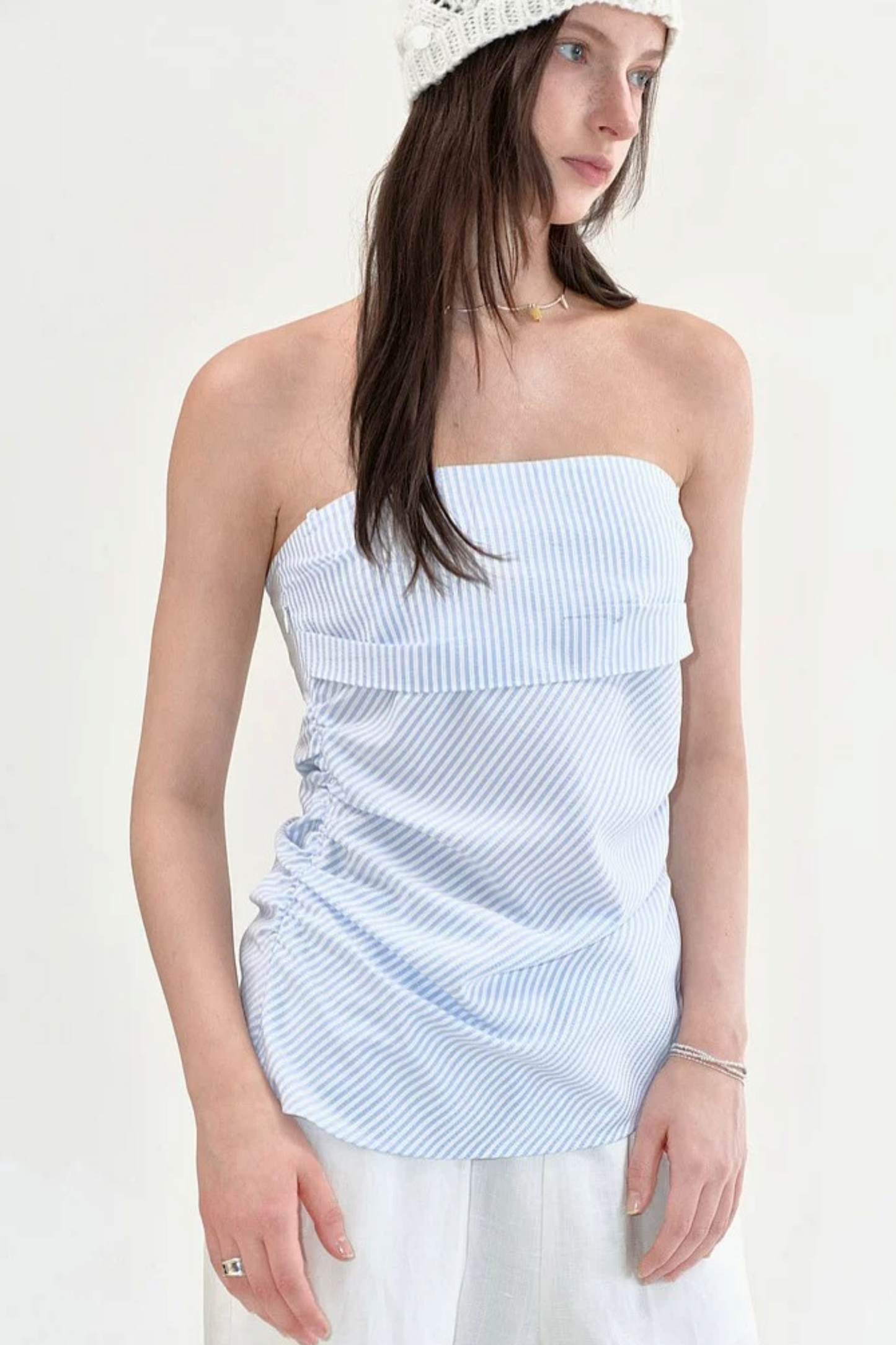 Camisola sin tirantes fruncida de rayas Fano