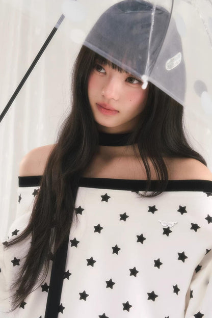 Star Print One-Shoulder Sweatshirt