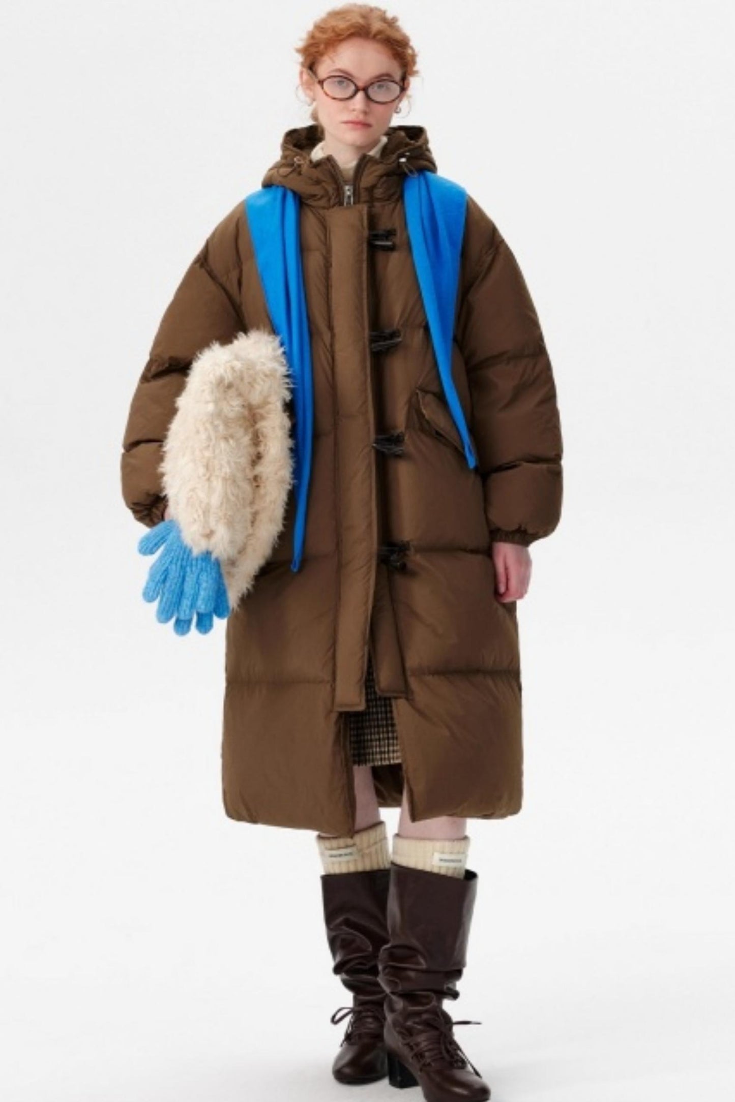 Hooded Horn Button Long Down Jacket