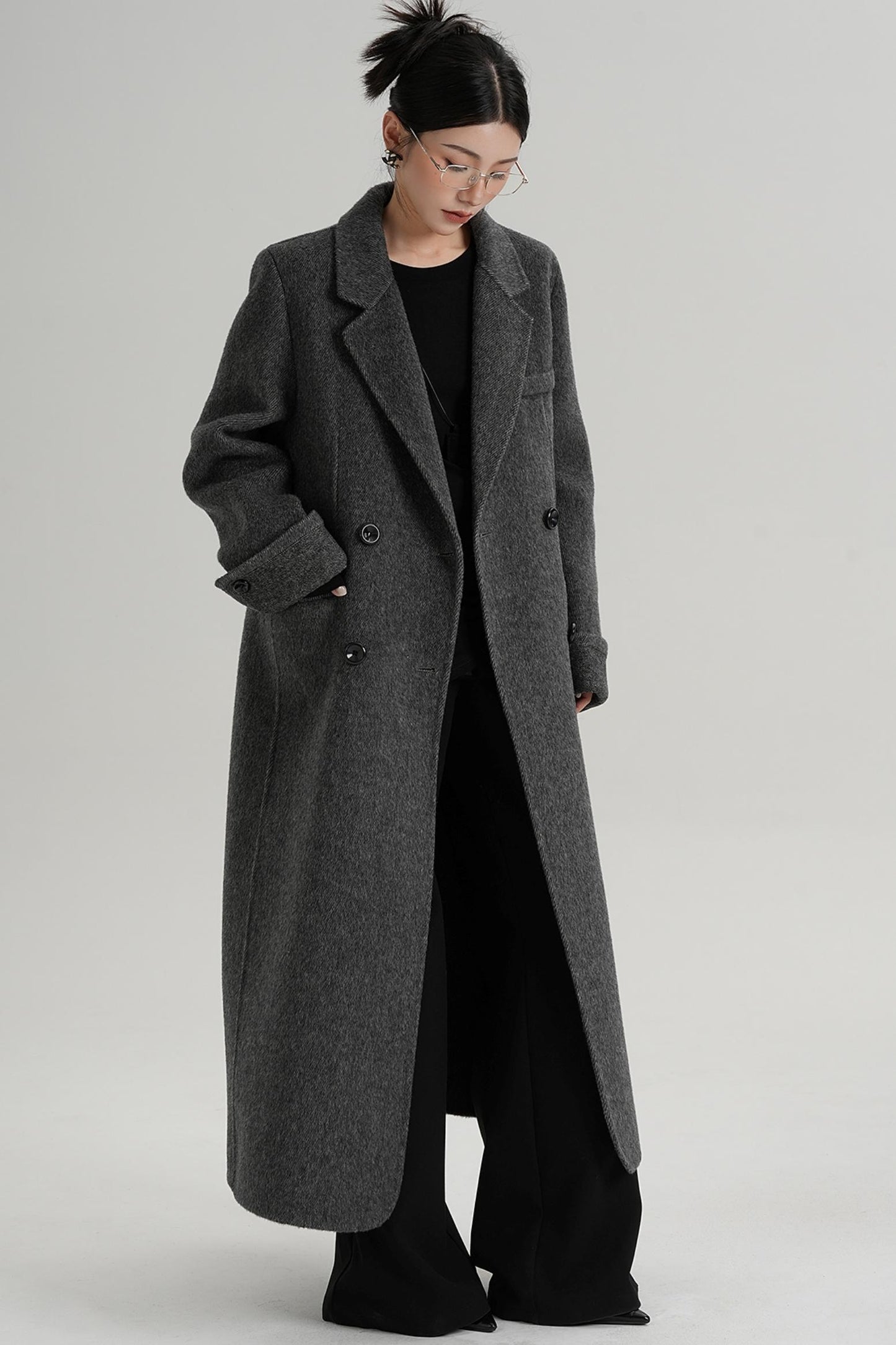 Turn-Sleeve Suit Collar Long Wool Coat