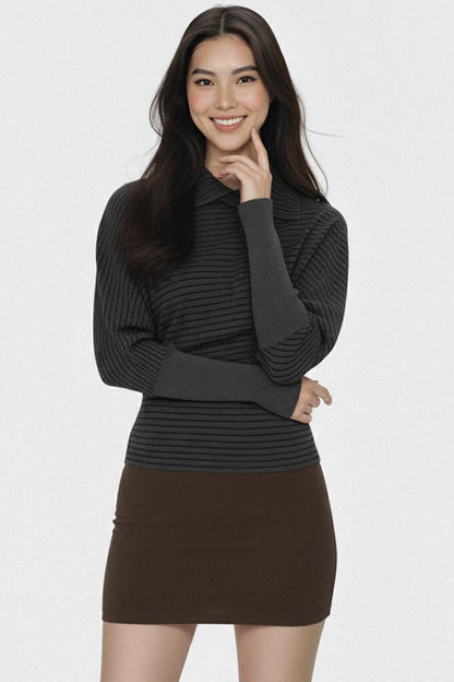 Dark Gray Striped Pleated Top