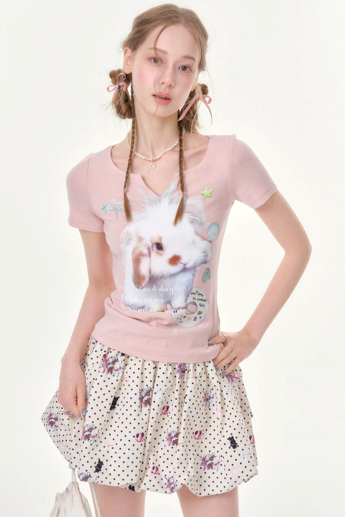 Fuzzy Pink Rabbit Print T-Shirt