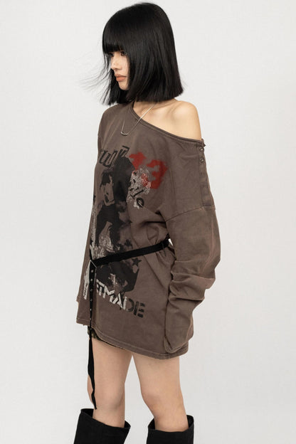 Vintage Off-the-Shoulder Long Sleeve T-Shirt