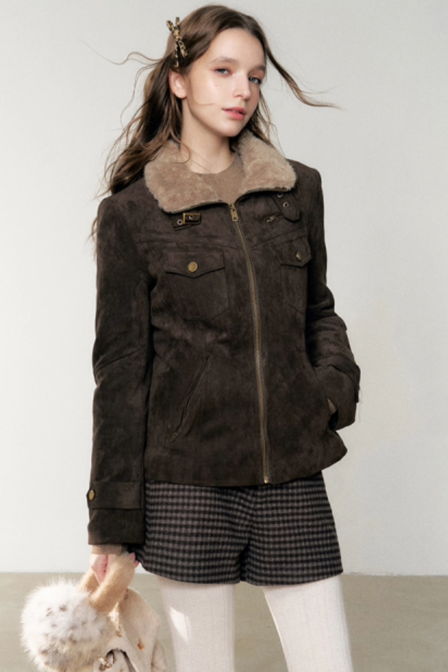 Coffee-Colored Fur Collar Coat