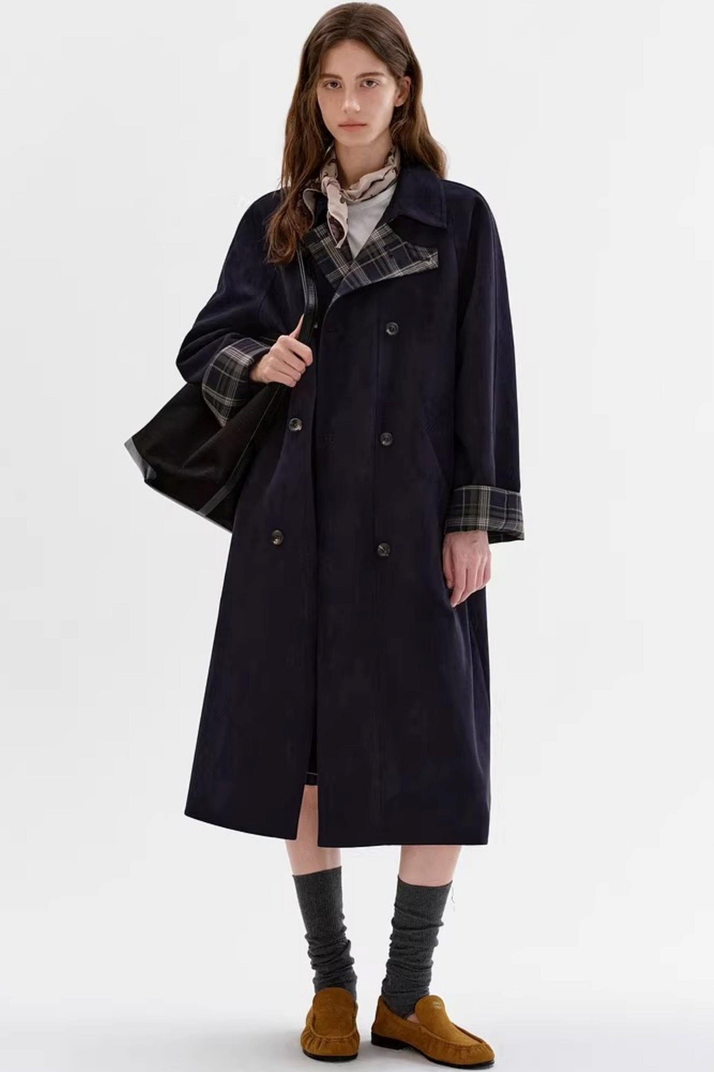 Contrasting Plaid Suede Coat