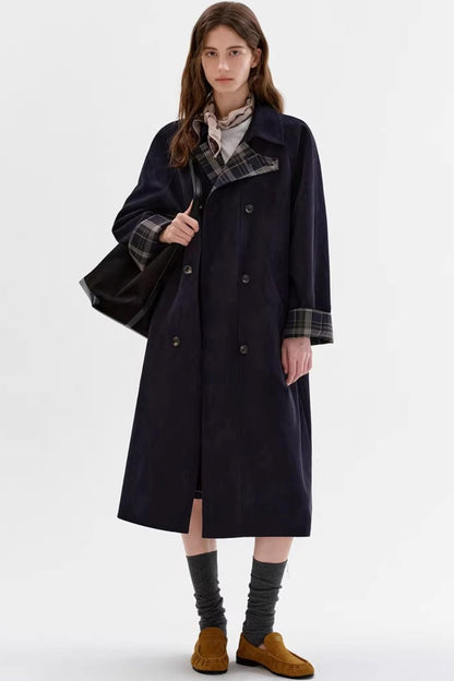 Contrasting Plaid Suede Coat