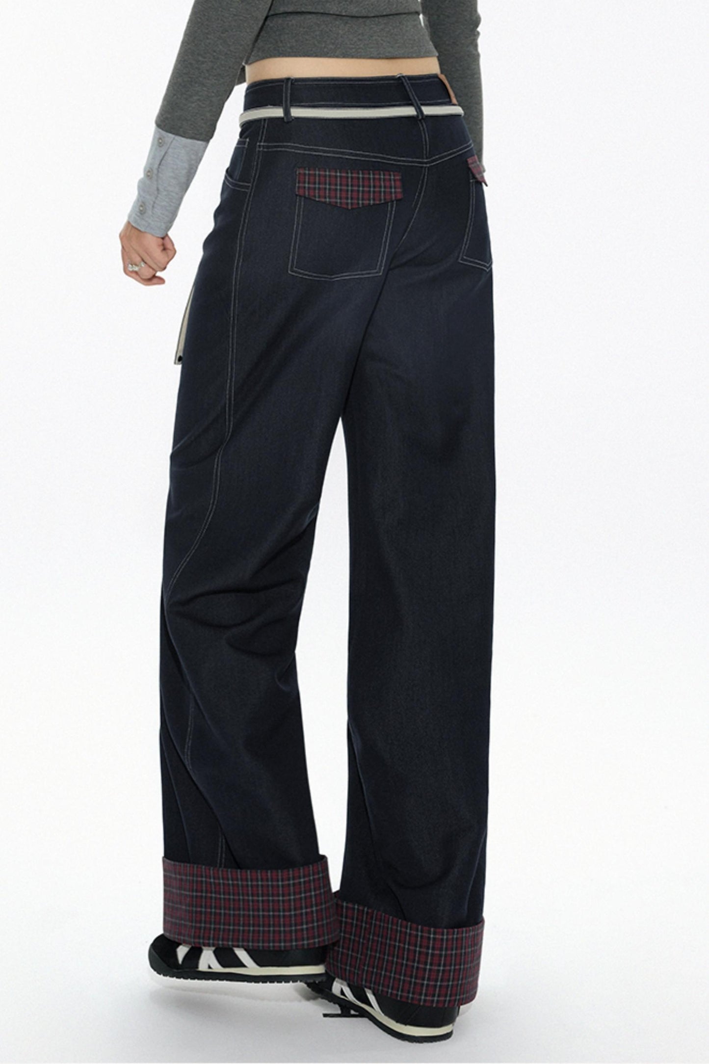 High-Waisted Navy Checkered Wide-Leg Pants