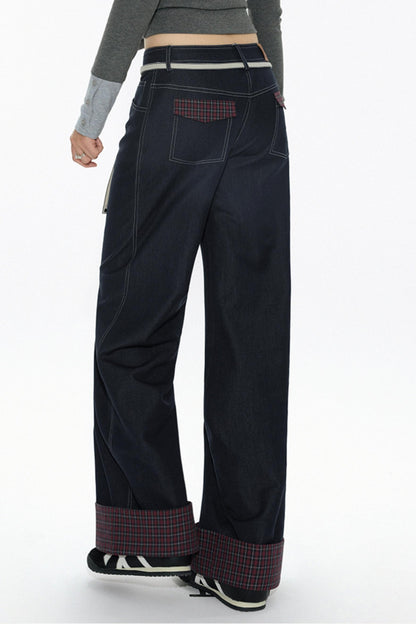 High-Waisted Navy Checkered Wide-Leg Pants