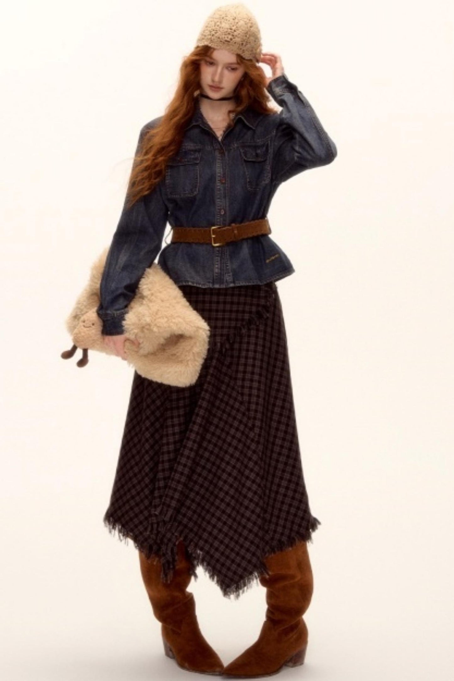 Frayed Hem Plaid Midi Skirt Belt Set