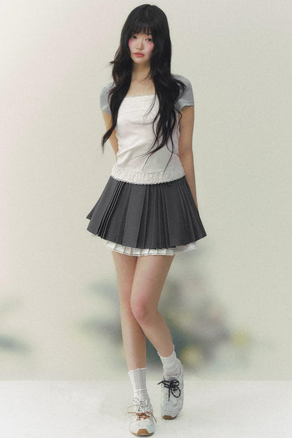 Lace Pleated A-Line Skirt