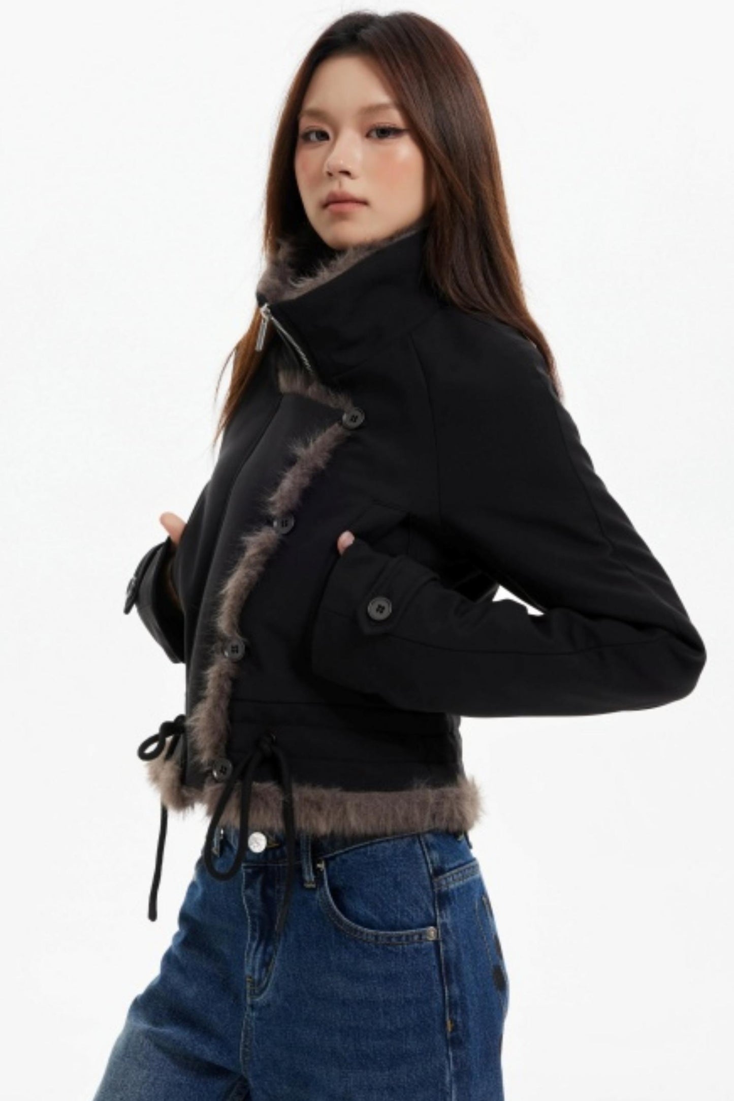 Plush Collar Slim Zippered Jacket