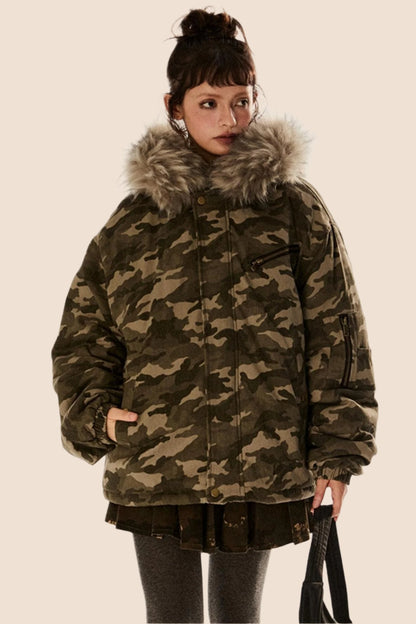 EZEK American Retro Army Green Camouflage Pelzkragen Kapuzenjacke Thickened Cotton Jacket Women's Winter New Jacket Cotton Jacket