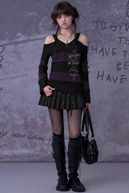 Black and Purple Off-Shoulder Knit Top