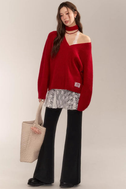 Asgony Red Retro Knit Sweater