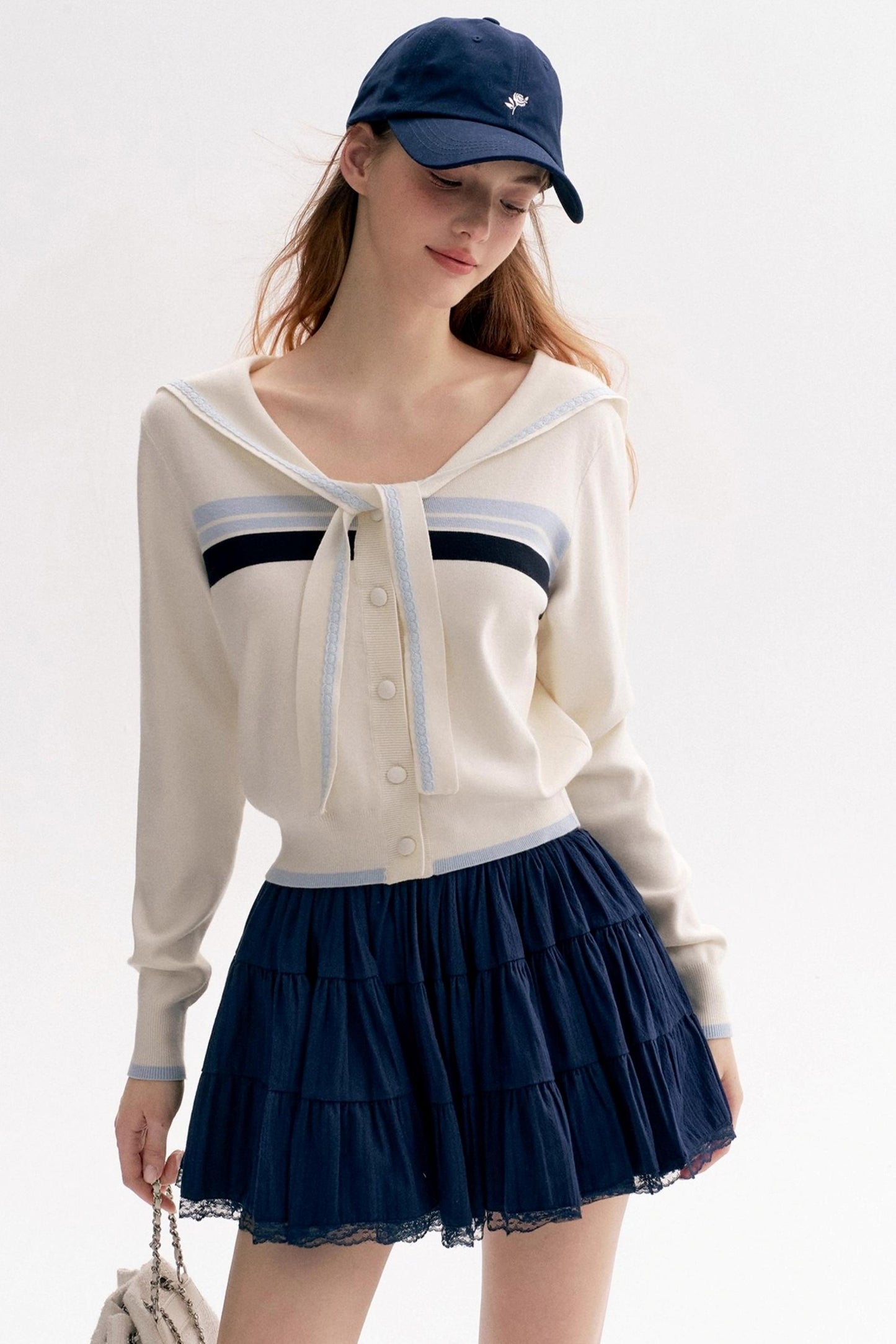 Navy Tie Shawl Contrast Sweater