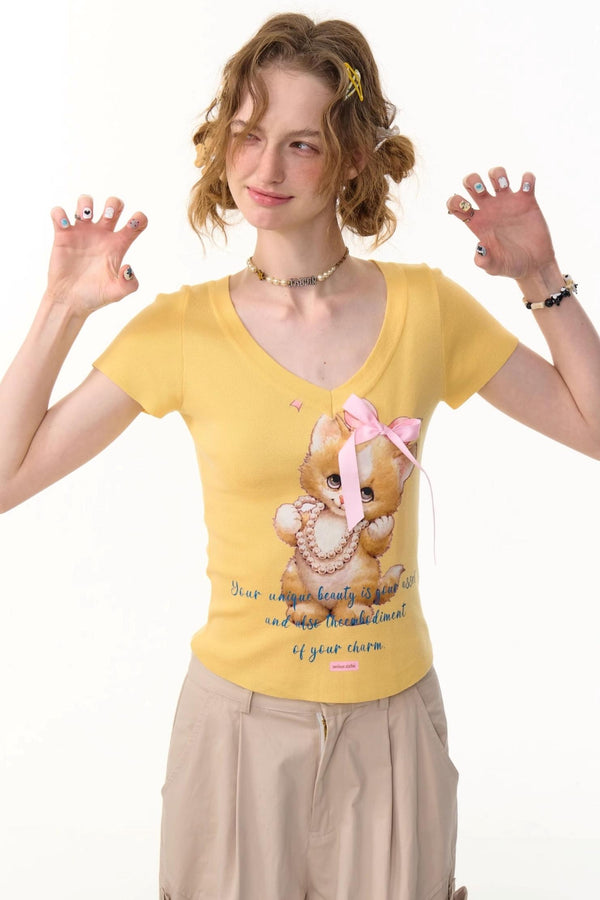 Cat Print V-Neck T-Shirt
