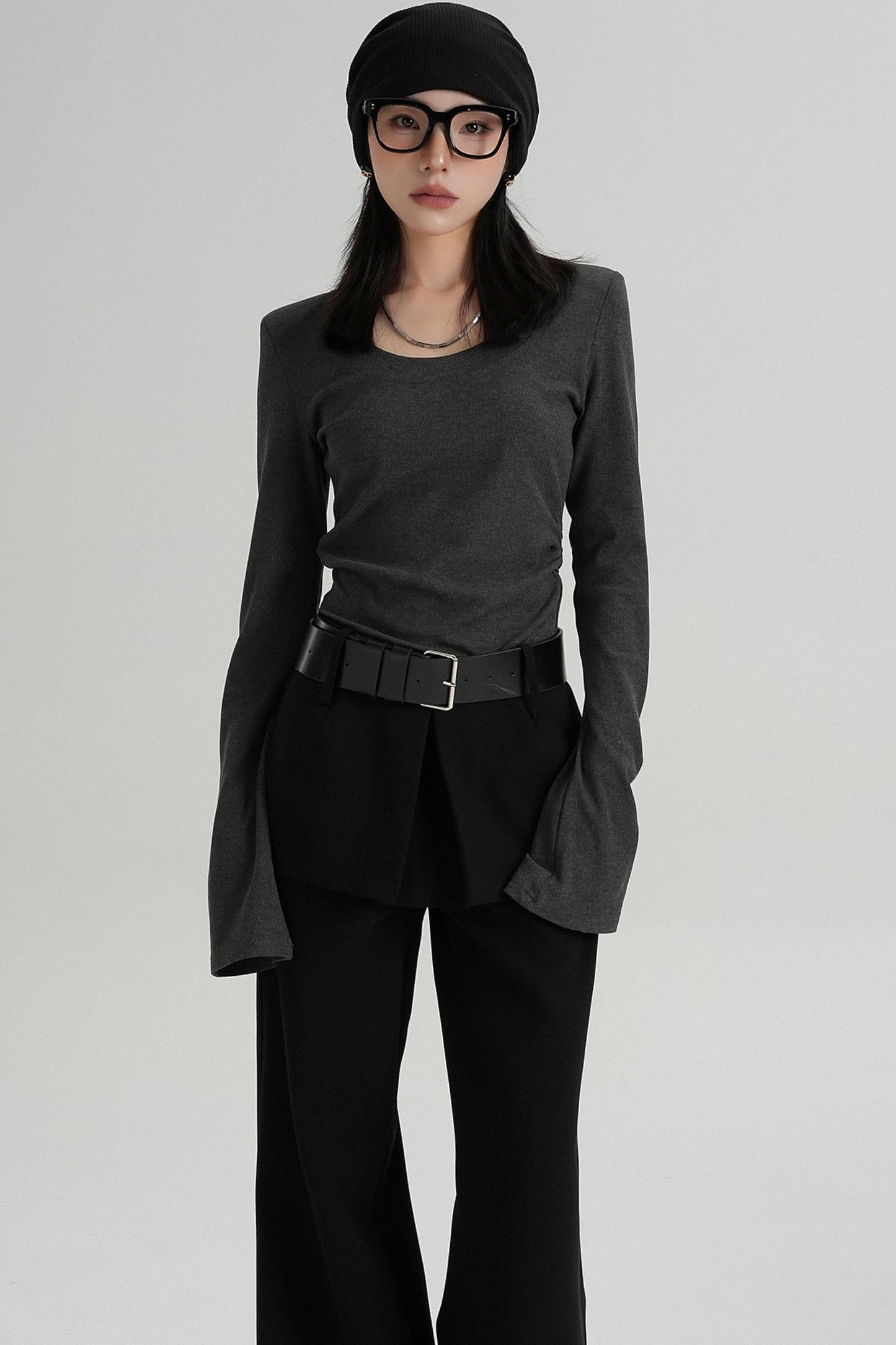 T-shirt amincissant à manches longues à taille ras du cou